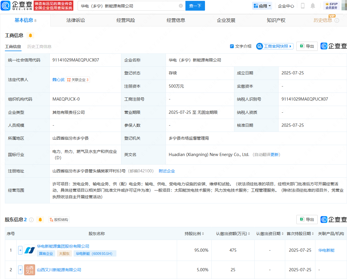 华电新能成立光伏发电公司