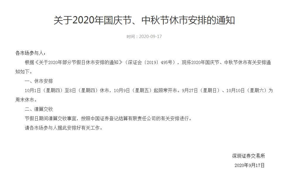 刚刚！国庆、中秋休市安排公布！