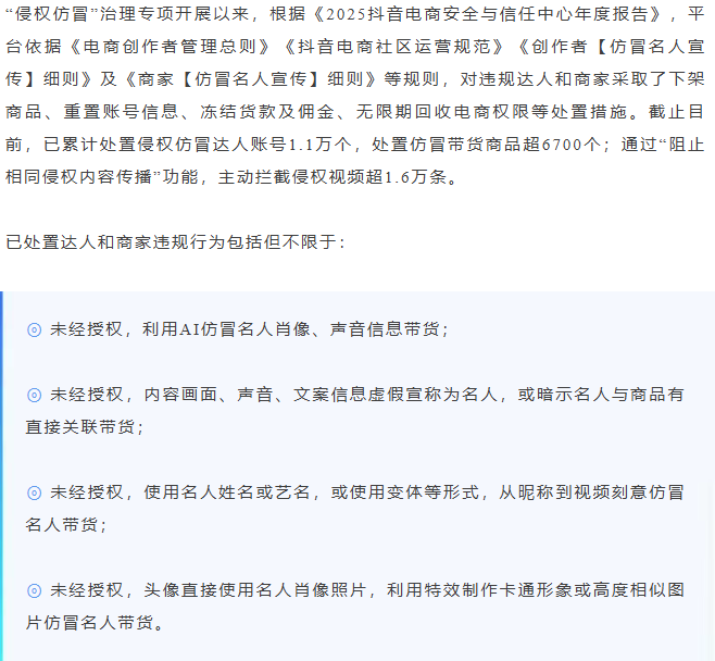 抖音电商严打假冒伪劣食品，累计处置违规店铺1696家、商品超7143个